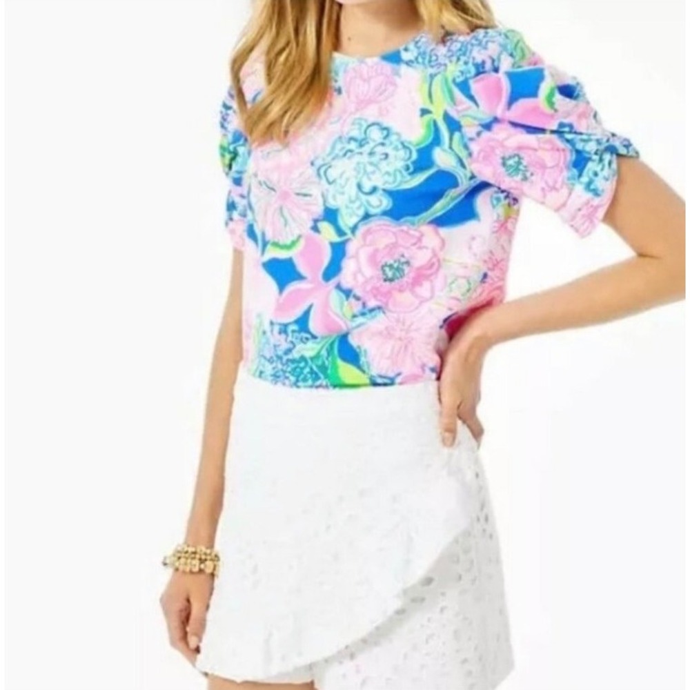 Lilly Pulitzer Elizabette Puff Sleeve Top Pink Blue Green Floral Round Neck M
